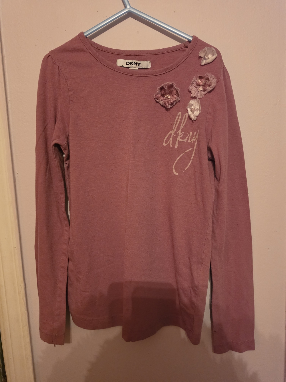 DKNY Girls' Dusty Rose Long-Sleeve Floral Applique Top